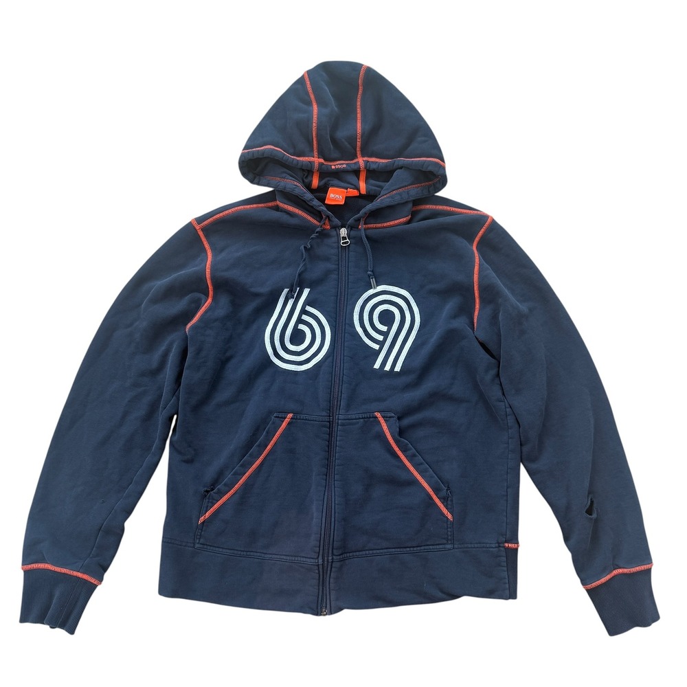 Hugo Boss Orange 69 Zip Up Hoodie San Francisco Contrast Stitch Large Navy Blue